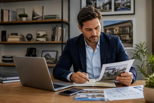 Corretor analisando informações de um imóvel antes de abordar o proprietário