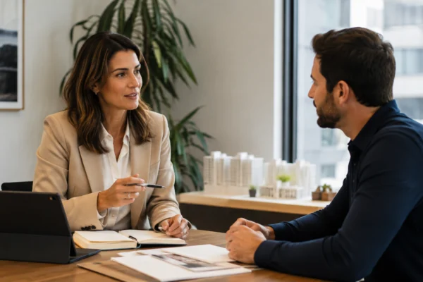 Corretor de imóveis atendendo cliente e entendendo suas necessidades