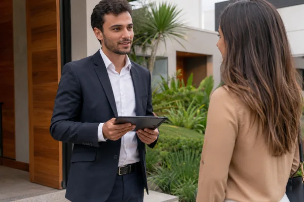 Corretor de imóveis conversando com cliente em frente a imóvel residencial