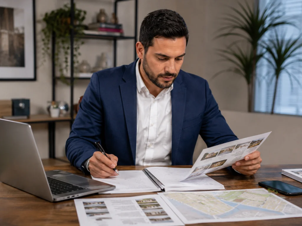 Corretor analisando opções de imóveis para definir o tipo de imóvel que deseja captar