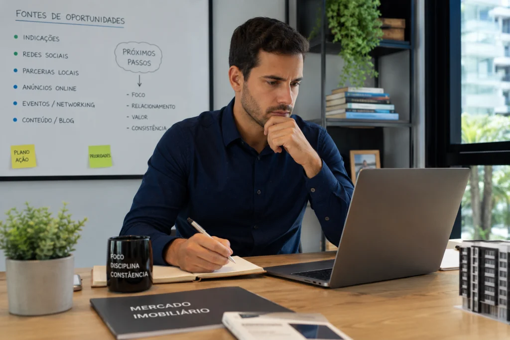 Corretor de imóveis analisando fontes de oportunidades para começar a conseguir clientes.