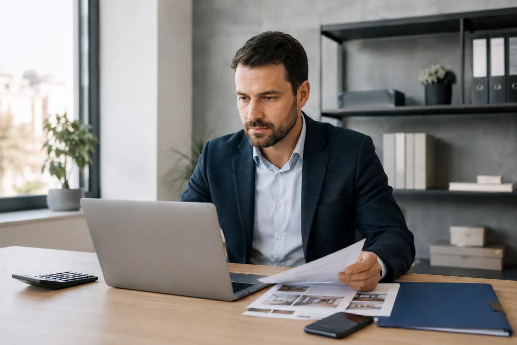 Corretor de imóveis analisando documentos e informações fiscais no notebook
