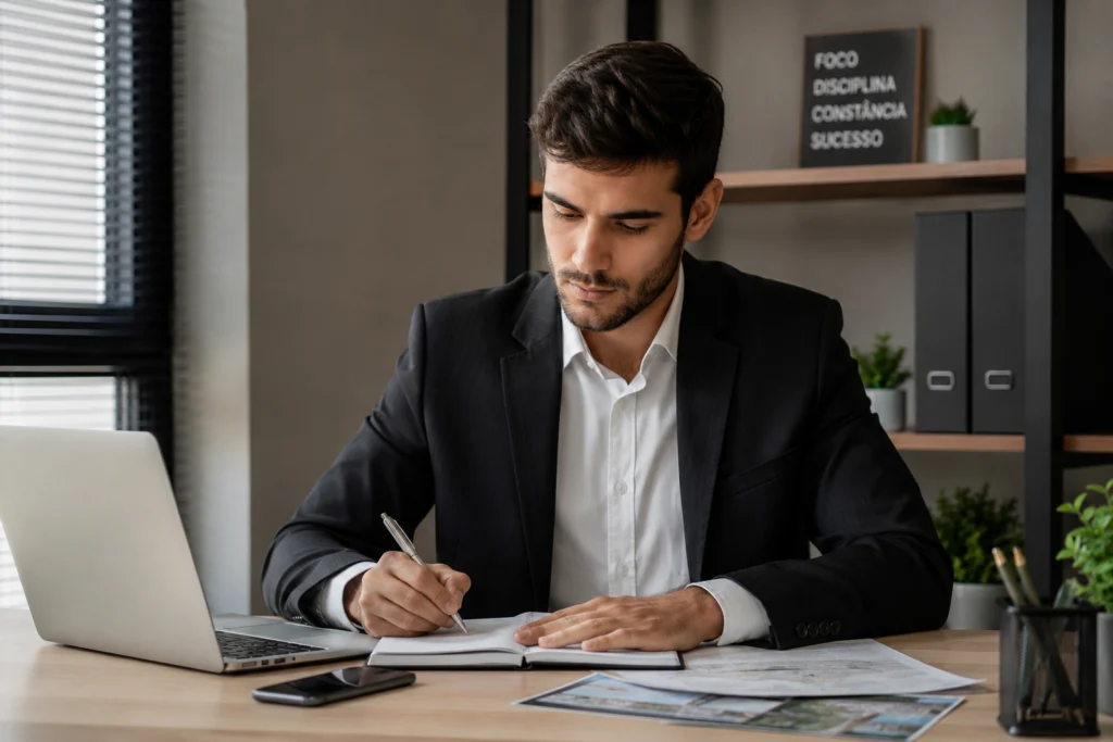 Corretor iniciante se preparando profissionalmente para atender clientes e construir confiança.