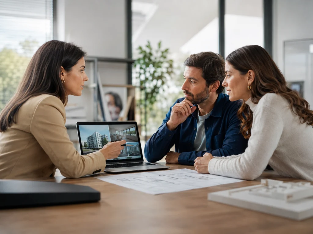Corretor de imóveis conversando com clientes e analisando opções de propriedades