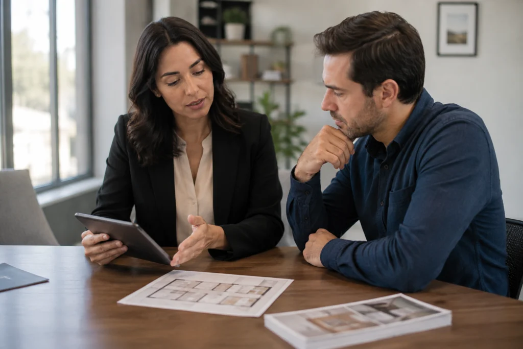 Corretor conversando com cliente sobre faixa de investimento e forma de pagamento