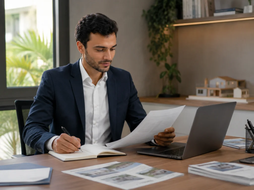 Profissional do mercado imobiliário analisando projetos e materiais de trabalho no escritório