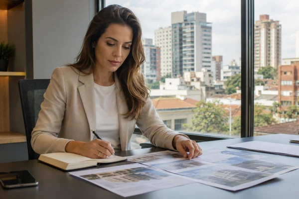 Corretor de imóveis analisando opções de imóveis novos e usados no notebook