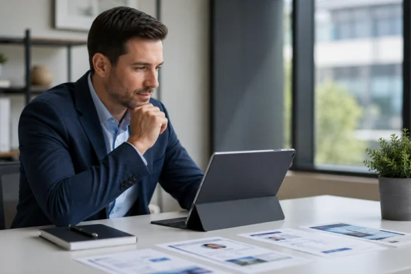 Corretor de imóveis planejando sua presença digital e escolhendo canais de marketing