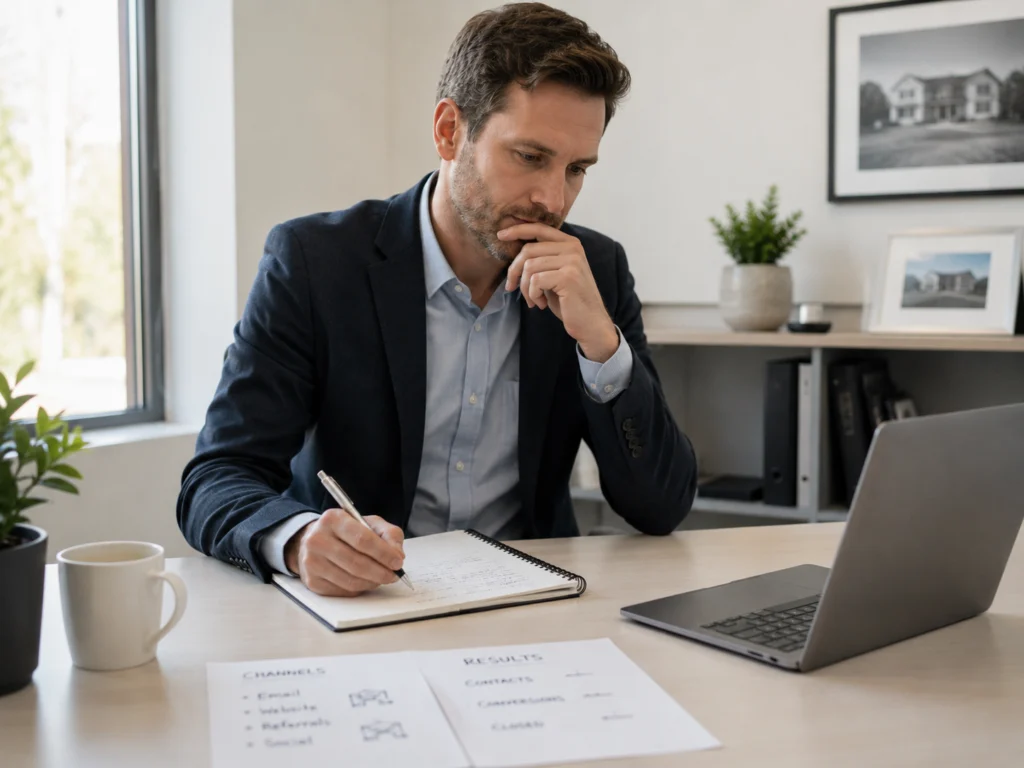 Corretor de imóveis analisando resultados antes de adicionar novos canais de marketing