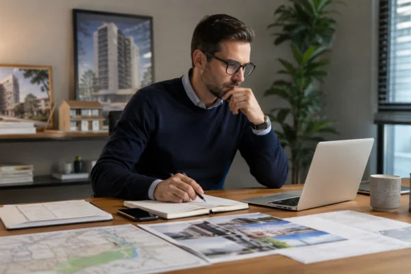 Corretor analisando dados do mercado imobiliário local em ambiente profissional