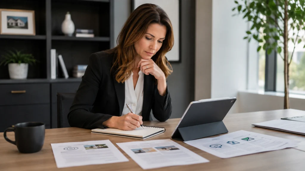Corretor de imóveis analisando objetivos antes de escolher canais de marketing digital