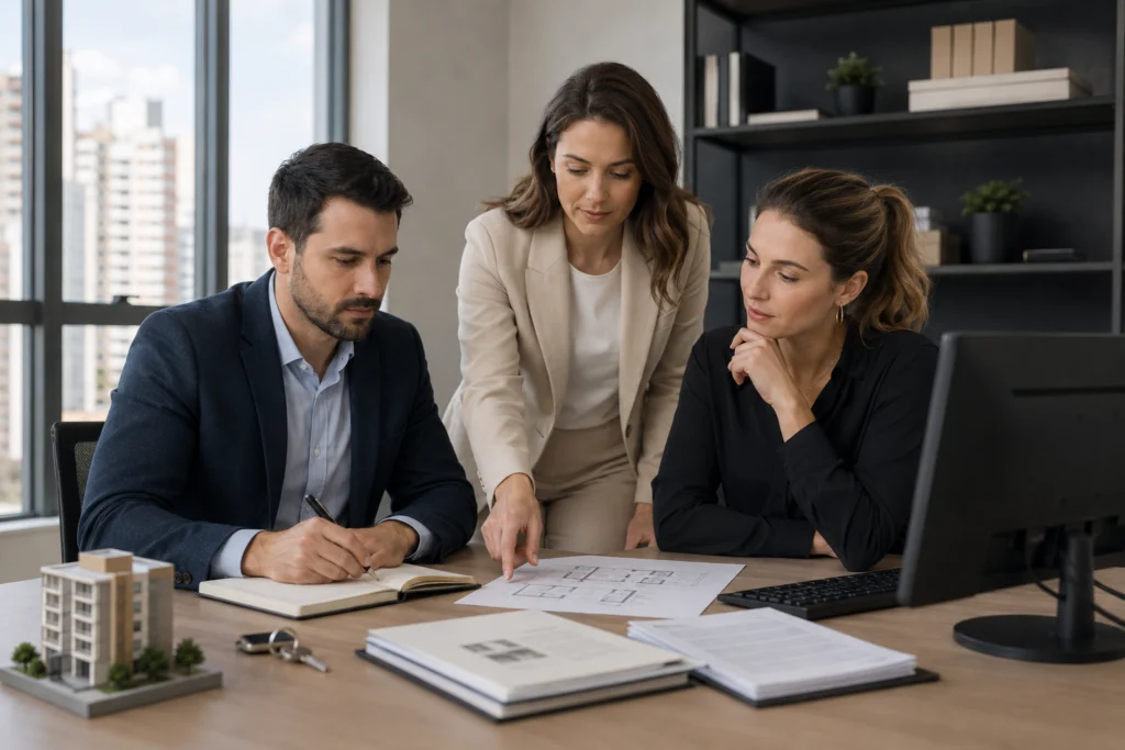 Equipe de pequena imobiliária trabalhando em processos e sistemas no escritório