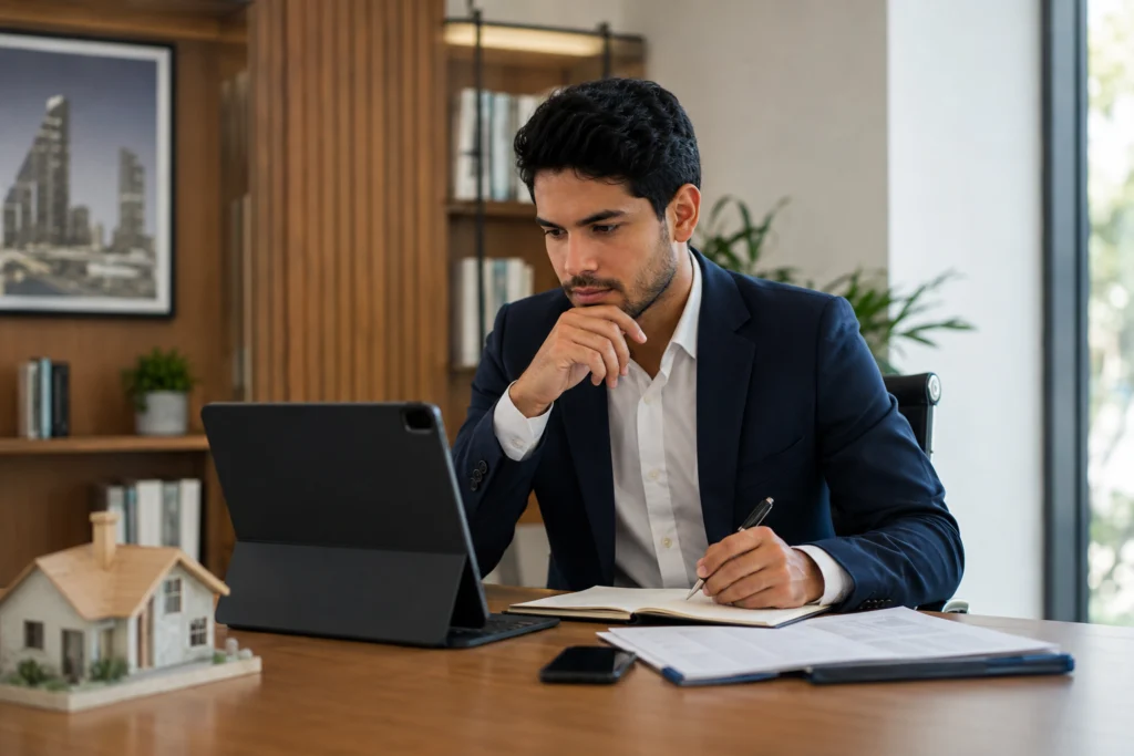 Corretor de imóveis em escritório moderno planejando os primeiros passos da atuação profissional