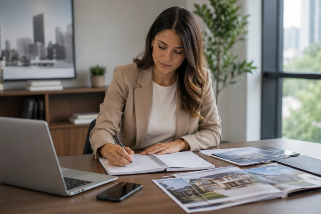 Corretor de imóveis planejando sua rotina de trabalho em um escritório moderno