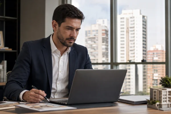 Corretor de imóveis analisando documentos digitais e informações sobre mudanças fiscais no mercado imobiliário