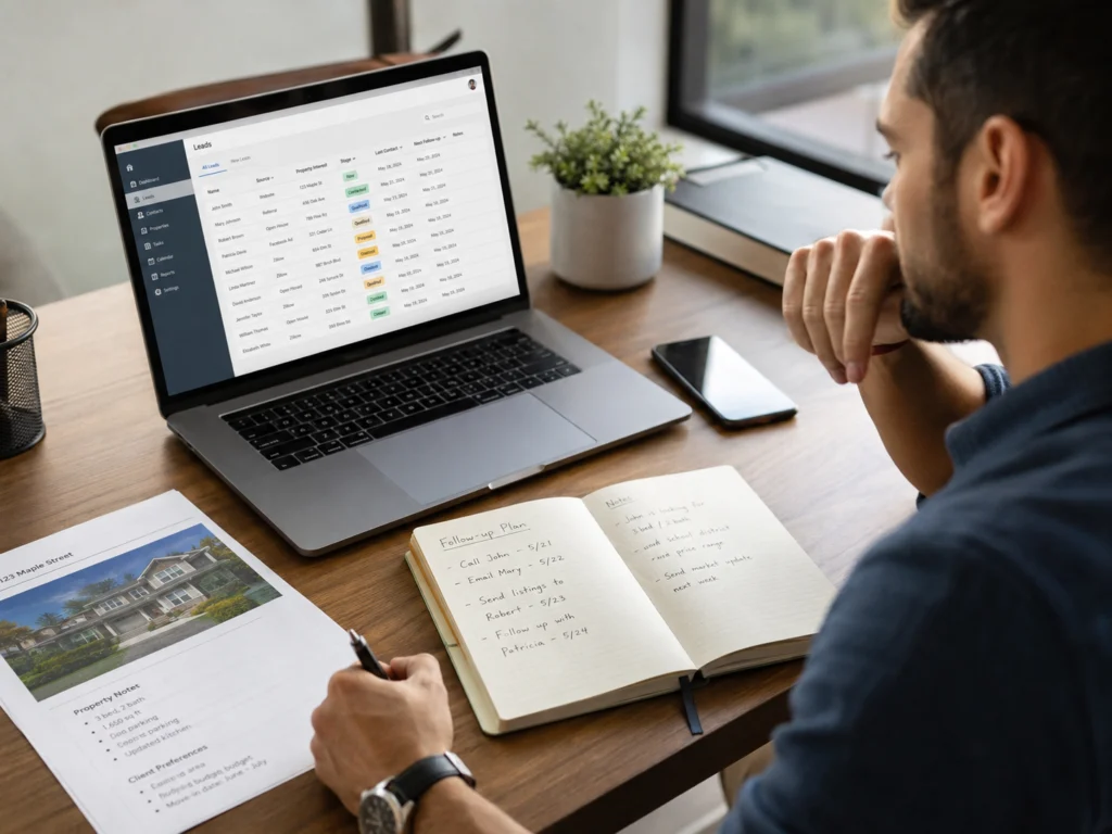 Corretor organizando dados de imóveis, contatos e próximos acompanhamentos no computador