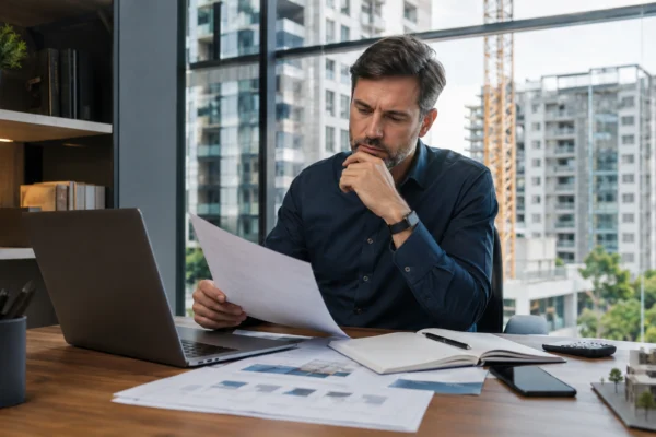 Profissional analisando dados de emprego, infraestrutura e custos da construção civil
