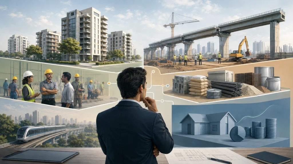 Ilustração mostrando emprego, infraestrutura, juros e custos como indicadores diferentes da construção
