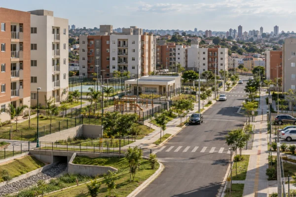 Conjunto residencial de habitação popular com edifícios de médio porte, vias planejadas, áreas verdes e infraestrutura urbana integrada.
