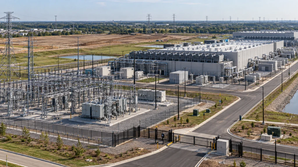 Campus de data center com subestação elétrica, refrigeração e infraestrutura técnica para energia e conectividade