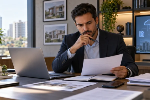 Profissional analisando documentos fiscais eletrônicos ligados ao setor imobiliário