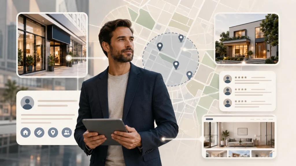  Ilustração mostrando localização real, área de atendimento, avaliações e site compondo a presença local de um corretor