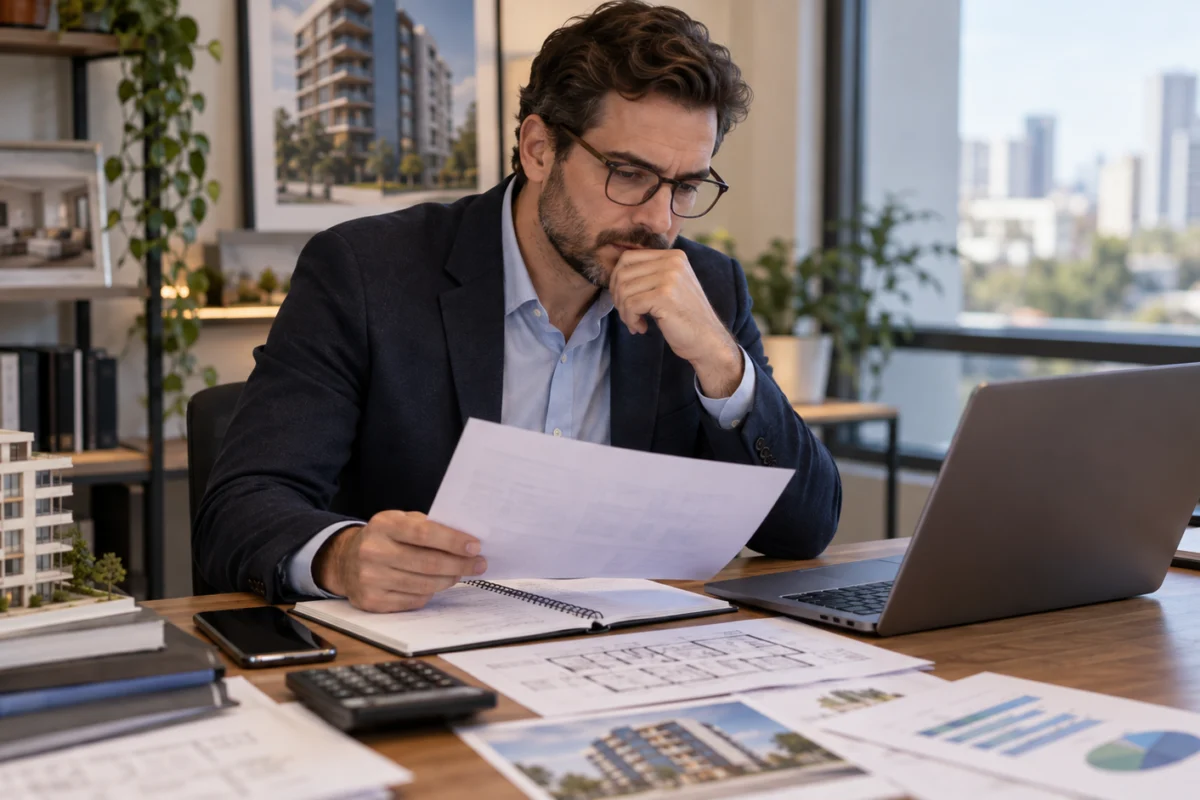 Profissional do mercado imobiliário analisando dados de financiamento e construção