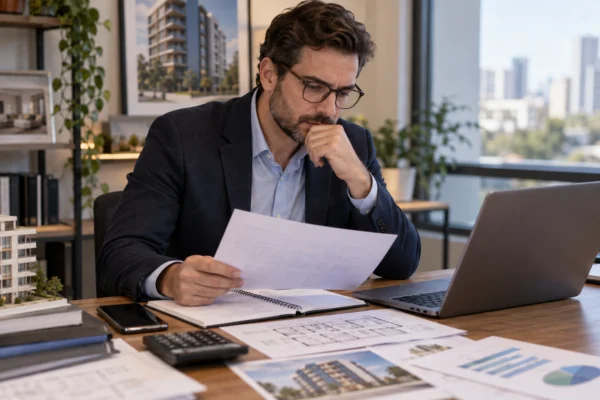 Profissional do mercado imobiliário analisando dados de financiamento e construção