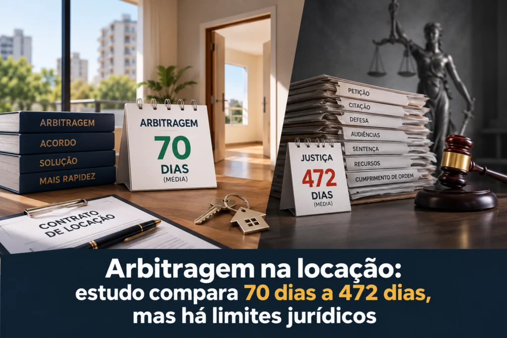 Comparação visual entre arbitragem e Justiça em conflitos de locação com médias de 70 e 472 dias